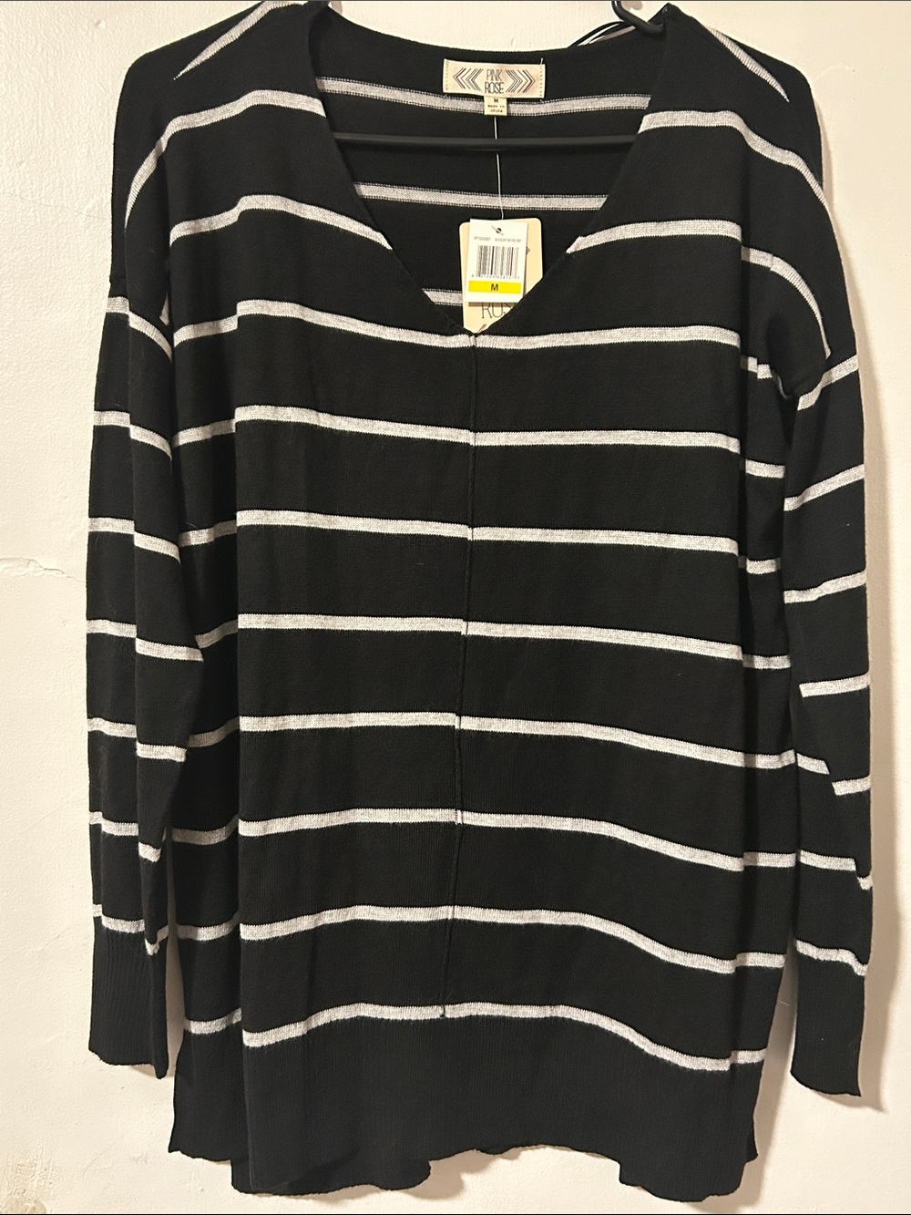 Pink Rose Black and White Striped V-Neck Sweater